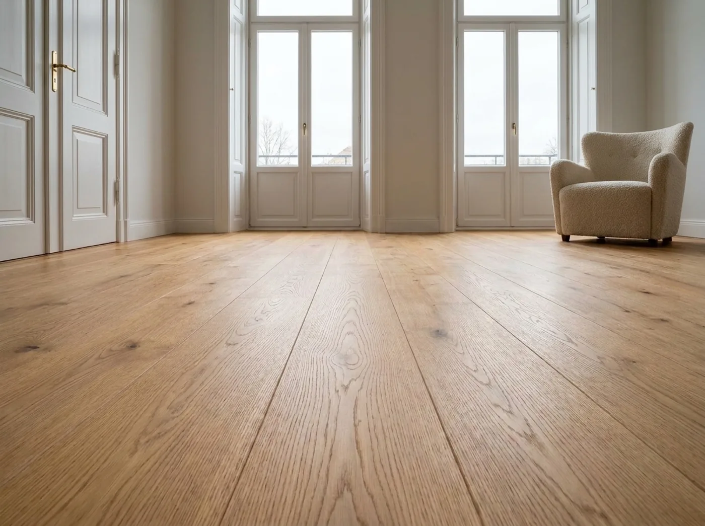 Eichen-Landhausdielen in einem Altbau-Salon — der Manufaktur-Showroom